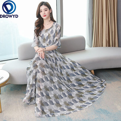 Midi Dresses for Women 2022 Chiffon Casual Dress Robe Femme Chic Vestitos Floral Short Sleeve O-Neck Summer Party Dress