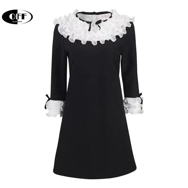 Mini Dresses Women Spring White Ruffles Collar Flare Long Sleeve Black Dress Elegant Ladies Clothes Vestido De Mujer