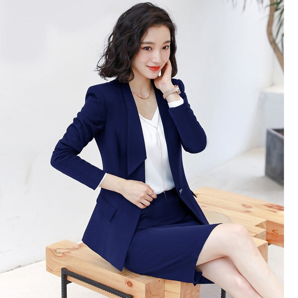 Navy Blue Blazer Women Business Suits with Skirt and Jacket Sets Ladies Work Wear Clothes OL