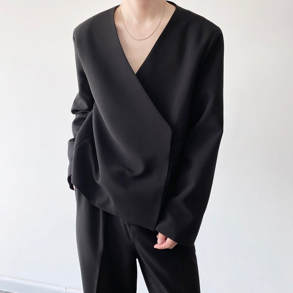 Men's Suit Jacket Casual Style Loose Button Men's All-match Simple Collarless Long-sleeved Short Suit