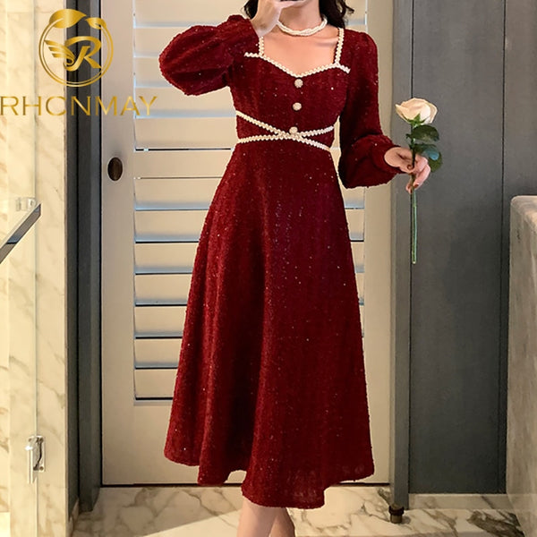 Party Dresses Women Evening Elegant Night Spring Autumn French Lace Dress Long Sleeve Casual Women Midi Dress