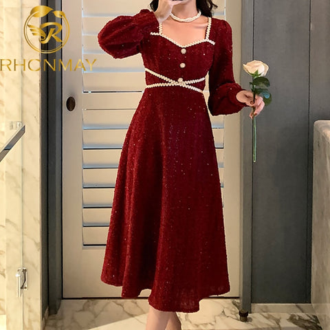 Party Dresses Women Evening Elegant Night Spring Autumn French Lace Dress Long Sleeve Casual Women Midi Dress