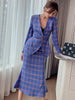 OL Office Lady 2 Piece Suits Plaid V-neck Single Breasted Slim Jacket Sashes Midi Trumpet Skirt Women Sets English Style