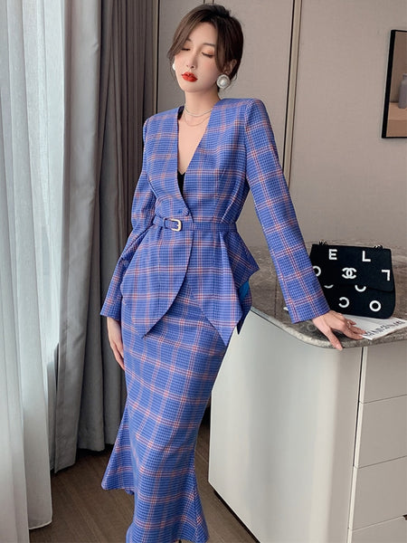 OL Office Lady 2 Piece Suits Plaid V-neck Single Breasted Slim Jacket Sashes Midi Trumpet Skirt Women Sets English Style