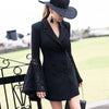 Office Ladies Lace Spliced Flare Sleeve Blazer Dress Women Double Breasted Long Jacket Suit Slim Fit Business Party Coat