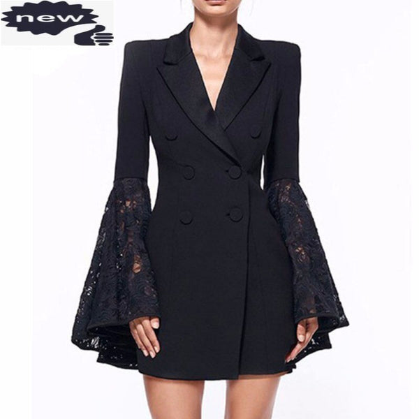 Office Ladies Lace Spliced Flare Sleeve Blazer Dress Women Double Breasted Long Jacket Suit Slim Fit Business Party Coat