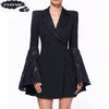 Office Ladies Lace Spliced Flare Sleeve Blazer Dress Women Double Breasted Long Jacket Suit Slim Fit Business Party Coat