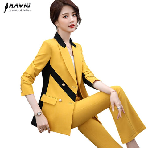 Pants Suits Women Autunm High-End Temperament Business Long Sleeve Patchwork Blazer and Trousers Office Work Wear