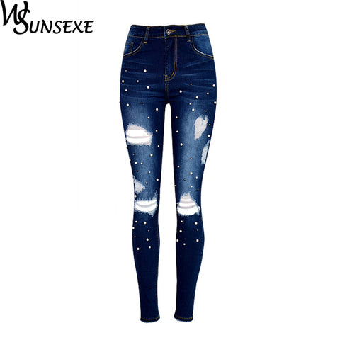 Fashion Pearl Ripped Hole Jeans for Women Spring High Waist Slim Denim Pencil Pant Female Skinny Stretch Trouser Plus Size Jeans