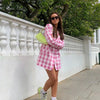 Pink Plaid Cotton Loose Women Balzer Jacket Sets 2 Pieces Casual Summer Mini Skirt Office Lady High Waist Female Suit