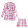 Pink Plaid Cotton Loose Women Balzer Jacket Sets 2 Pieces Casual Summer Mini Skirt Office Lady High Waist Female Suit