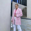 Pink Plaid Cotton Loose Women Balzer Jacket Sets 2 Pieces Casual Summer Mini Skirt Office Lady High Waist Female Suit