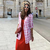 Pink Plaid Cotton Loose Women Balzer Jacket Sets 2 Pieces Casual Summer Mini Skirt Office Lady High Waist Female Suit