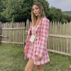 Pink Plaid Cotton Loose Women Balzer Jacket Sets 2 Pieces Casual Summer Mini Skirt Office Lady High Waist Female Suit