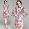 Pink Sweet Mini Dress Women Long Sleeve Flower Lace Mesh Patchwork Ruffles Elegant Ladies Ribbon Bow Vestidos k8242