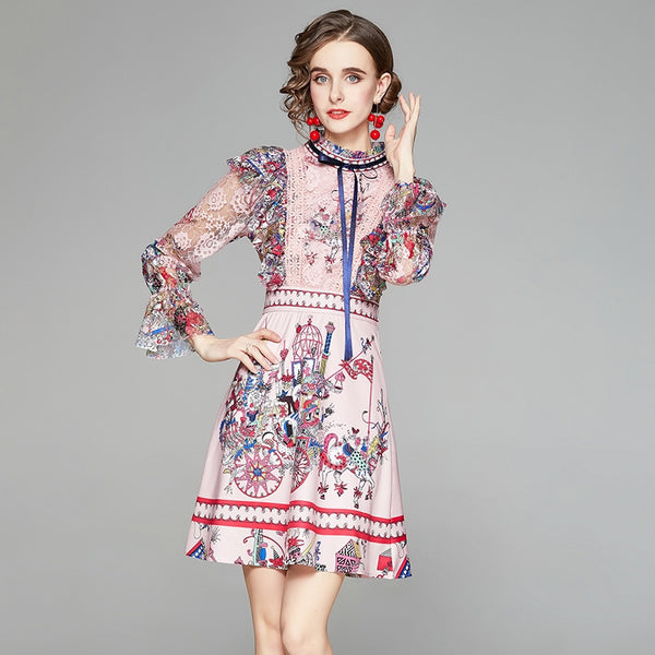 Pink Sweet Mini Dress Women Long Sleeve Flower Lace Mesh Patchwork Ruffles Elegant Ladies Ribbon Bow Vestidos k8242