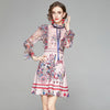 Pink Sweet Mini Dress Women Long Sleeve Flower Lace Mesh Patchwork Ruffles Elegant Ladies Ribbon Bow Vestidos k8242