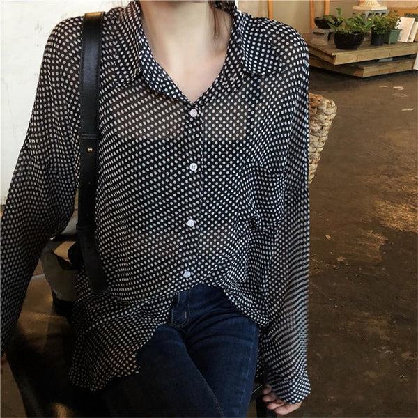 Fashion Polka Dot Long Sleeve Women Blouses Turn down collar Korea transparent Casual Shirts Female Sexy Tops Blusas Black B2#