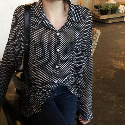 Fashion Polka Dot Long Sleeve Women Blouses Turn down collar Korea transparent Casual Shirts Female Sexy Tops Blusas Black B2#