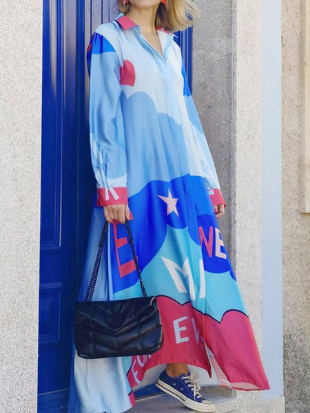 Prints Patchwork Loose Long Dress Elegant Lapel Single-breasted Maxi Shirt Dress Spring Autumn Women Long Sleeve Dresses