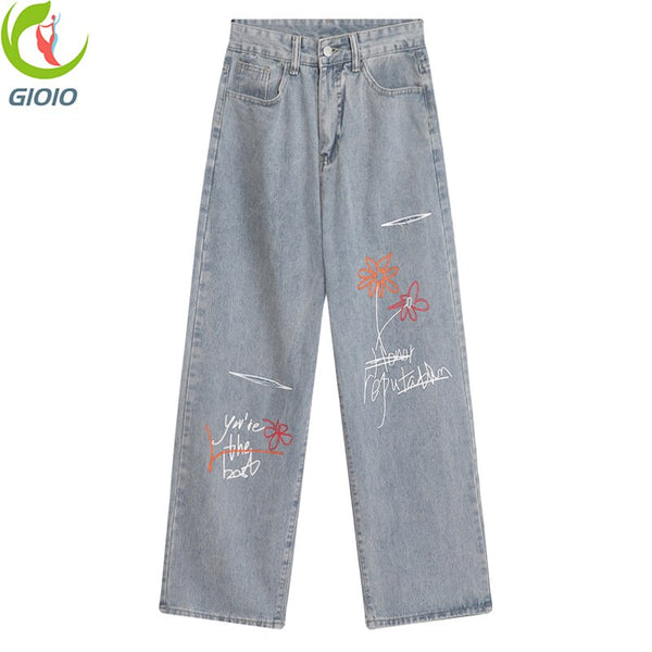 Retro Ripped Printed Straight Jeans Women 2022 Autumn Street Harajuku High Waist Loose Wide Leg Denim Pants Female