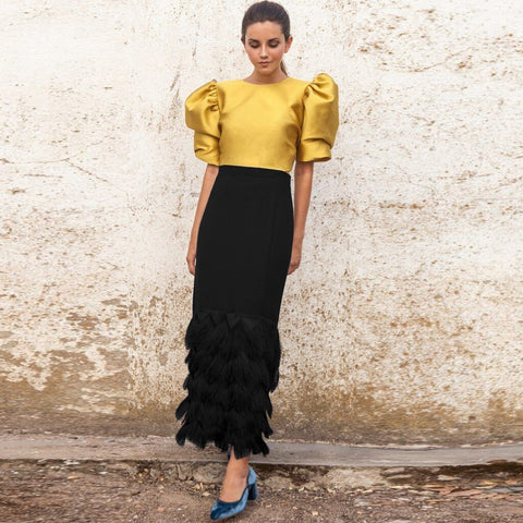 Sexy Women Half Puff Sleeve O-Neck Clothes Set Cocktail Prom Gown Skirt Two-piece Set Elegant Party Outfit