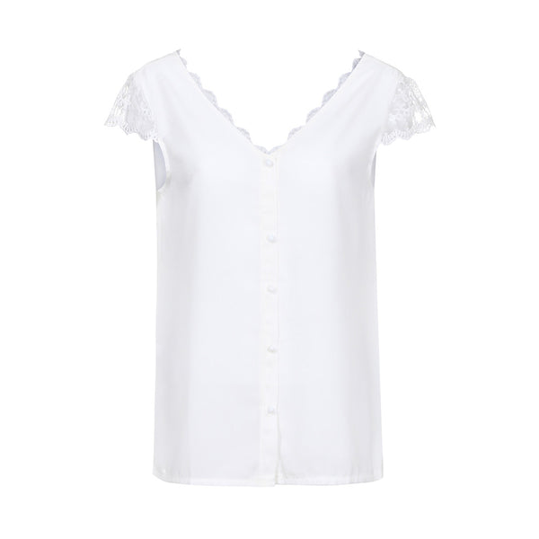 Fashion Shirt Women 2022 Loose White Backless Lace Blouse And Tops Summer V Neck Short Sleeve Tunic Tops Debardeur Femme Shirt