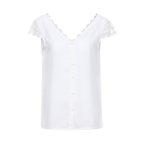 Fashion Shirt Women 2022 Loose White Backless Lace Blouse And Tops Summer V Neck Short Sleeve Tunic Tops Debardeur Femme Shirt