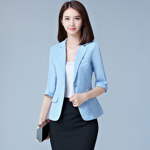 Fashion Short Blazers Women Plaid Three Quarter Business Suits All-match Female Jackets Slim Blazer Suit 2022 Summer Feminino