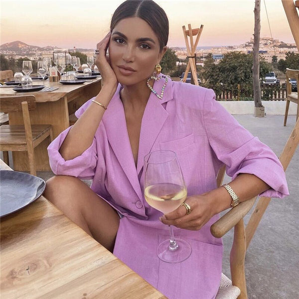 Single Button Thin Blazer Women Vintage Long Sleeve Pockets Female Outerwear Coat Chic Girls Casual Blouse