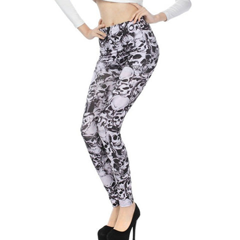 Fashion Skull Printed Sexy Women Stretch Leggings Slim Skinny Legging Mid Waist Leggings Elastic Wasit Full Length Pants Casual