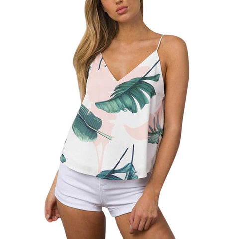 Fashion Sleeveless Women Gallus Leaves Printed blusas Casual Tops T Shirt Vest Polyester Leaves Printed female blusas