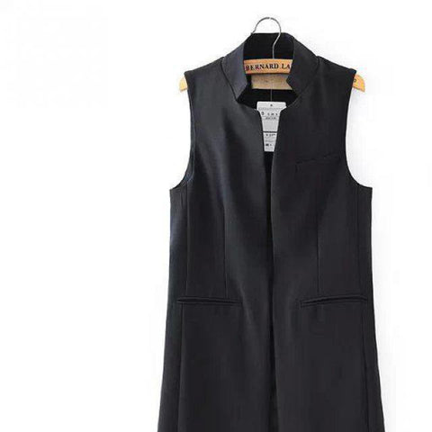 Fashion Slim Long Blazer Vest Women Autumn Waistcoat Stand Collar Sleeveless White Black Jacket Elegant Office Lady Pockets Ctoa