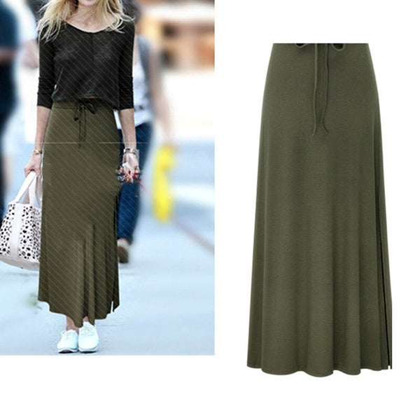 Slit Belted Maxi Skirt Women Pleated Long Skirt Autumn Winter High Waist Vintage A-Line Skirtsnew