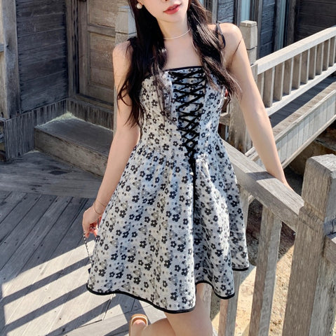 Spaghetti Strap Dress For Women Floral Print Lace Up Bandage Mini Gowns Summer Young Ladies Casual Dresses Clothing