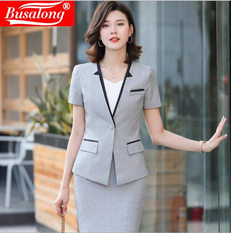 Spliced women skirt suits set elegant Business formal short sleeve office ladies plus size work uniforms grey red black