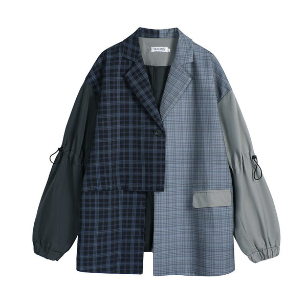 Fashion Spring Autumn 2022 Women Big Size Blazer Blue Plaid Asymmetrical New Lapel Loose Fit  Long Sleeve Jacket
