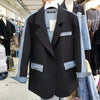 Spring Autumn Women Denim Splicing Casual Blazer Vintage Lapel Double Breasted Long Sleeve Loose Female Suit Jacket