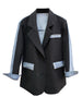 Spring Autumn Women Denim Splicing Casual Blazer Vintage Lapel Double Breasted Long Sleeve Loose Female Suit Jacket