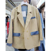 Spring Autumn Women Denim Splicing Casual Blazer Vintage Lapel Double Breasted Long Sleeve Loose Female Suit Jacket