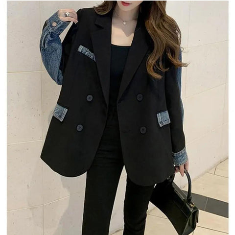 Spring Autumn Women Denim Splicing Casual Blazer Vintage Lapel Double Breasted Long Sleeve Loose Female Suit Jacket