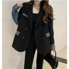 Spring Autumn Women Denim Splicing Casual Blazer Vintage Lapel Double Breasted Long Sleeve Loose Female Suit Jacket