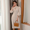 Stand Collar Puff Sleeve bodycon Dress Female Pencil Dresses 2023 Spring Slim Casual Solid color Midi Dress New