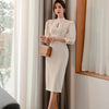 Stand Collar Puff Sleeve bodycon Dress Female Pencil Dresses 2023 Spring Slim Casual Solid color Midi Dress New