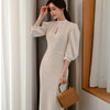 Stand Collar Puff Sleeve bodycon Dress Female Pencil Dresses 2023 Spring Slim Casual Solid color Midi Dress New