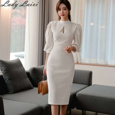 Stand Collar Puff Sleeve bodycon Dress Female Pencil Dresses 2023 Spring Slim Casual Solid color Midi Dress New