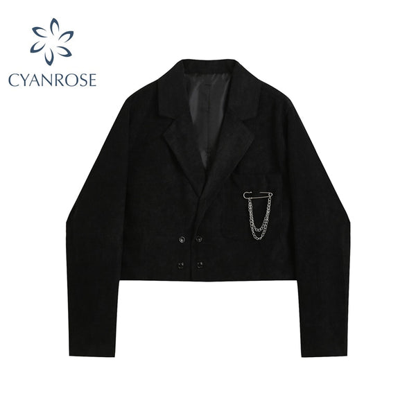 Star Brooch Notched Short Blazer Coat Women 2022 Autumn Korean Long Sleeve Crop Jacket veste Female Outerwear Chic Tops