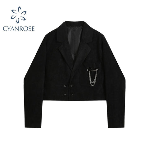 Star Brooch Notched Short Blazer Coat Women 2022 Autumn Korean Long Sleeve Crop Jacket veste Female Outerwear Chic Tops