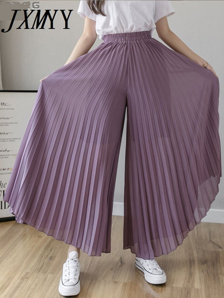 Streetwear Pleated Culotte Mujer Pants Blue Black Purple Chiffon Trousers Stretch High Waist Loose Wide Leg Pants Women