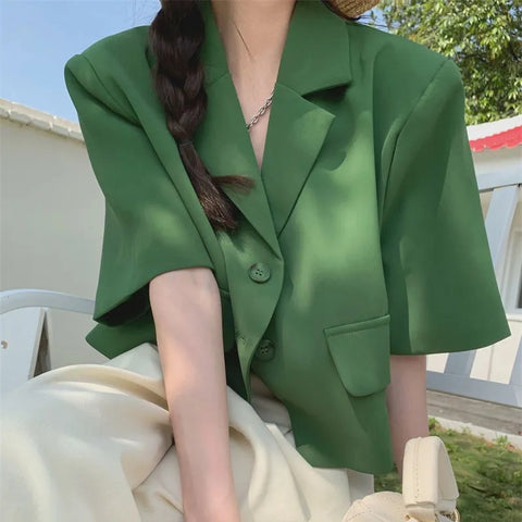Streetwear Women Short Sleeve Suit Blazer Summer Loose Solid Top Casual Korean All-match Elegant Button Suit Blazer New